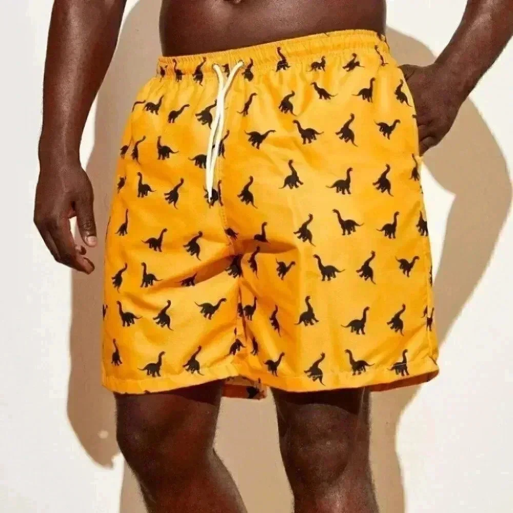 Yellow Vacation Style Men's Dinosaur Print Swim Trunks